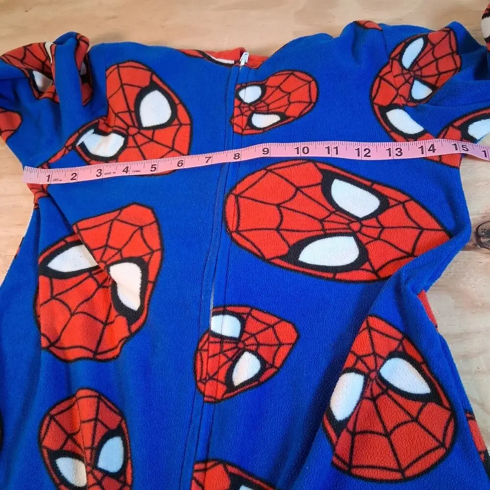 Spiderman Boys Pajamas Sz M Hooded One Piece Full Zip Sleepwear Marvel Red Blue